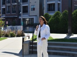 Mayor Tiffany O'Donnell speaks at the launch of NewBo City Market's Next Level Local capital campaign, Saturday, May 11. CREDIT ALEXANDRA OLSEN
