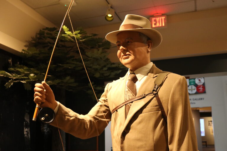 A statue of Herbert Hoover fishing is seen at the Herbert Hoover Presidential Library and Museum