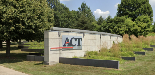 The entrance of ACT's campus, on the corner of ACT Place and Scott Boulevard, Iowa City.
