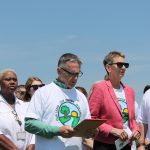 Johnson County Board of Supervisors with the Johnson County Conservation Board are joined by new committee "Our Land. Our Water. Our Future.," co-chaired by THINK Iowa City president Josh Schamberger (left) and former Johnson County supervisor Pat Heiden (right) on Wednesday at Riverfront Crossings Park.