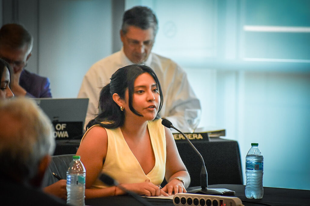 Brenda Ramirez, political science and economics major and vice president of the undergraduate student government at University of Iowa, addresses the Board of Regents on June 13. CREDIT ANNIE SMITH BARKALOW