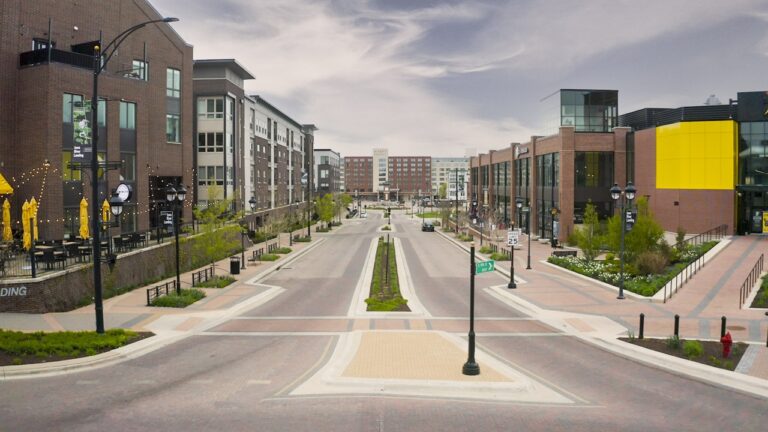 Streetscape view of the Iowa River Landing in Coralville.