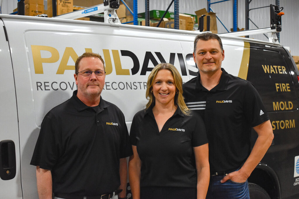 Co-owners of Paul Davis Restoration: CEO Matt Banning, director of marketing and HR Emily Cornish, and president and COO Scott Cornish. CREDIT ANNIE SMITH BARKALOW