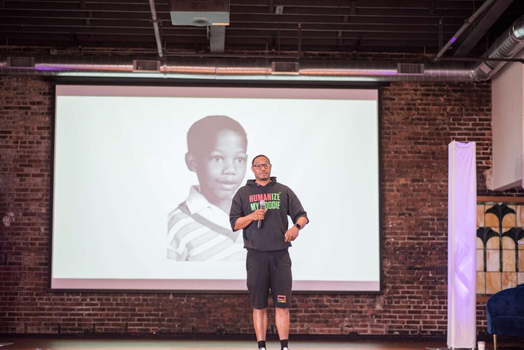 Andre Wright speaks at Entrefest 2024 at the Olympic Theater in Cedar Rapids on June 14, 2024.
