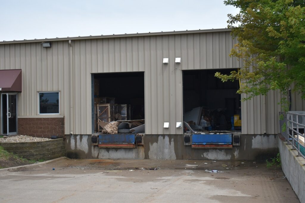 Damage to two bays is evident at 309 Herky St. in North Liberty. The explosion happened late Monday night.