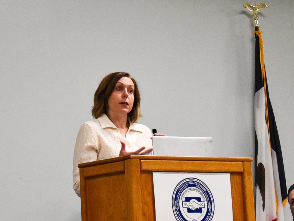 Jennifer Sherer, director of the State Worker Power Initiative with the Economic Policy Institute, addresses attendees at the July 16 roundtable. CREDIT ANNIE SMITH BARKALOW