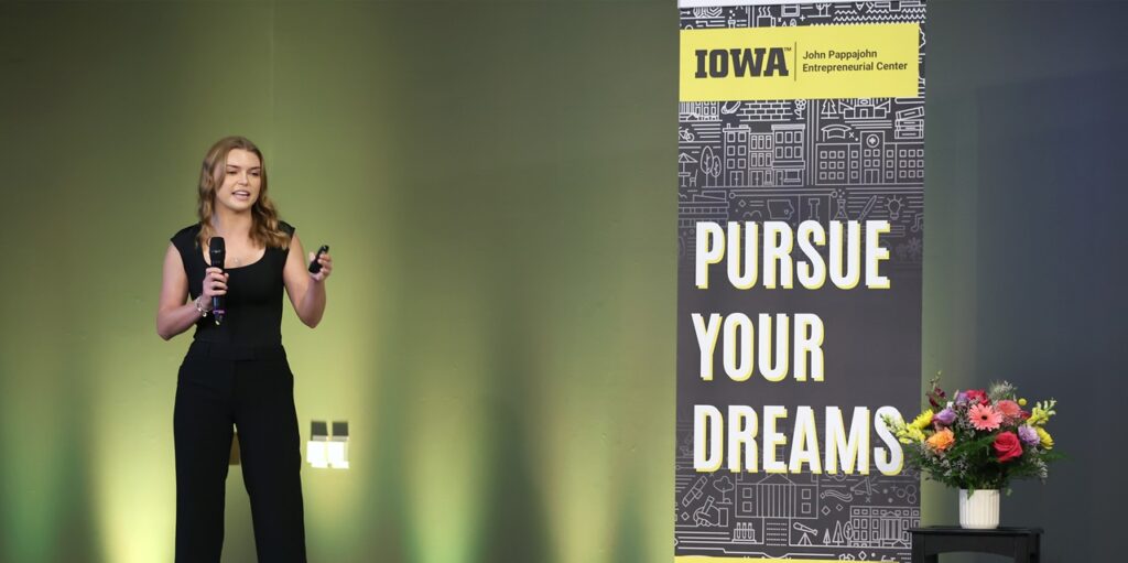 Lily Hintz, of Hintz Biomedical, gives her pitch at the Startup Incubator Summer Track Launch Day in the Black Box Theatre in the Iowa Memorial Union on July 26, 2024, in Iowa City, Iowa.