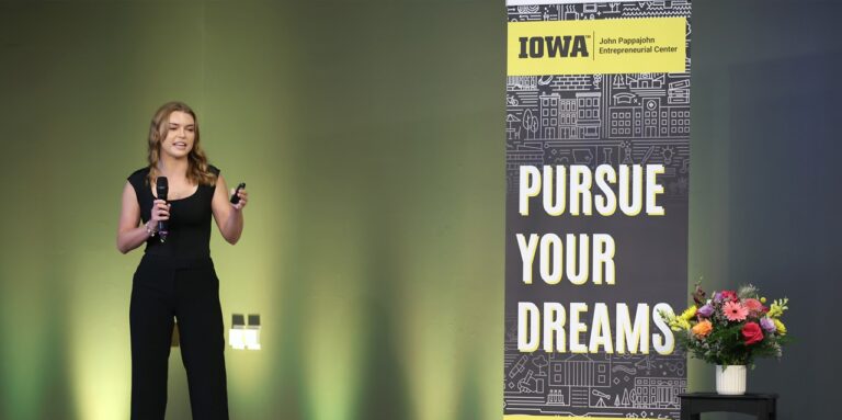 Lily Hintz, of Hintz Biomedical, gives her pitch at the Startup Incubator Summer Track Launch Day in the Black Box Theatre in the Iowa Memorial Union on July 26, 2024, in Iowa City, Iowa.