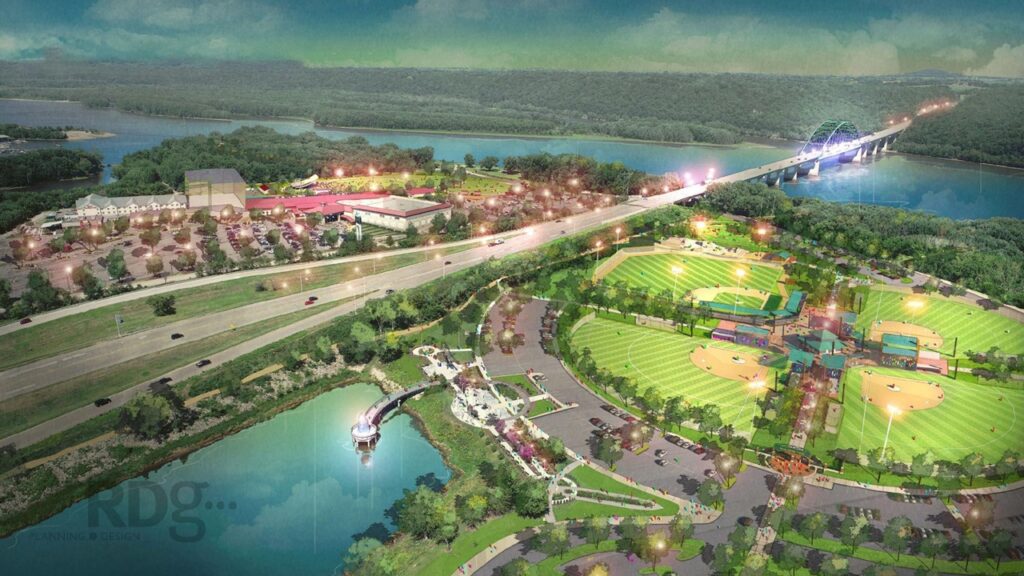A rendering of an aerial view of Chaplain Schmitt Island's proposed developments.