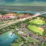 A rendering of an aerial view of Chaplain Schmitt Island's proposed developments.