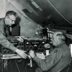 Arthur Collins and “Butch” Griswold operating the Collins KWS-1 and 75A-4 radio and transmitter pair aboard the SAC C-97 aircraft during a 1956 demonstration flight. CREDIT ARTHUR A. COLLINS LEGACY ASSOCIATION