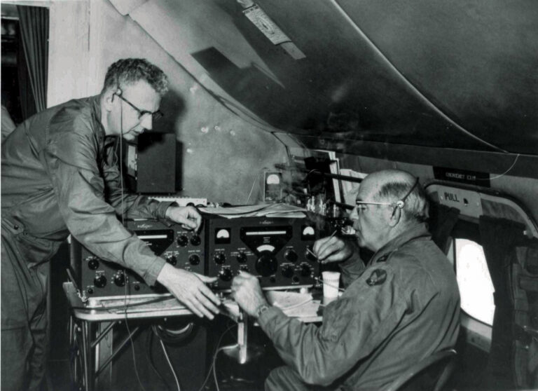 Arthur Collins and “Butch” Griswold operating the Collins KWS-1 and 75A-4 radio and transmitter pair aboard the SAC C-97 aircraft during a 1956 demonstration flight. CREDIT ARTHUR A. COLLINS LEGACY ASSOCIATION