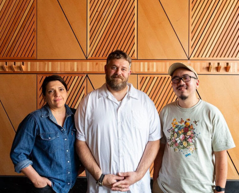Riene Gelman (left), Sam Gelman (middle), Edwin Lee (right), are the team behind Paper Crane Ramen Shop & Cocktail Lounge. CREDIT IOWA CITY DOWNTOWN DISTRICT