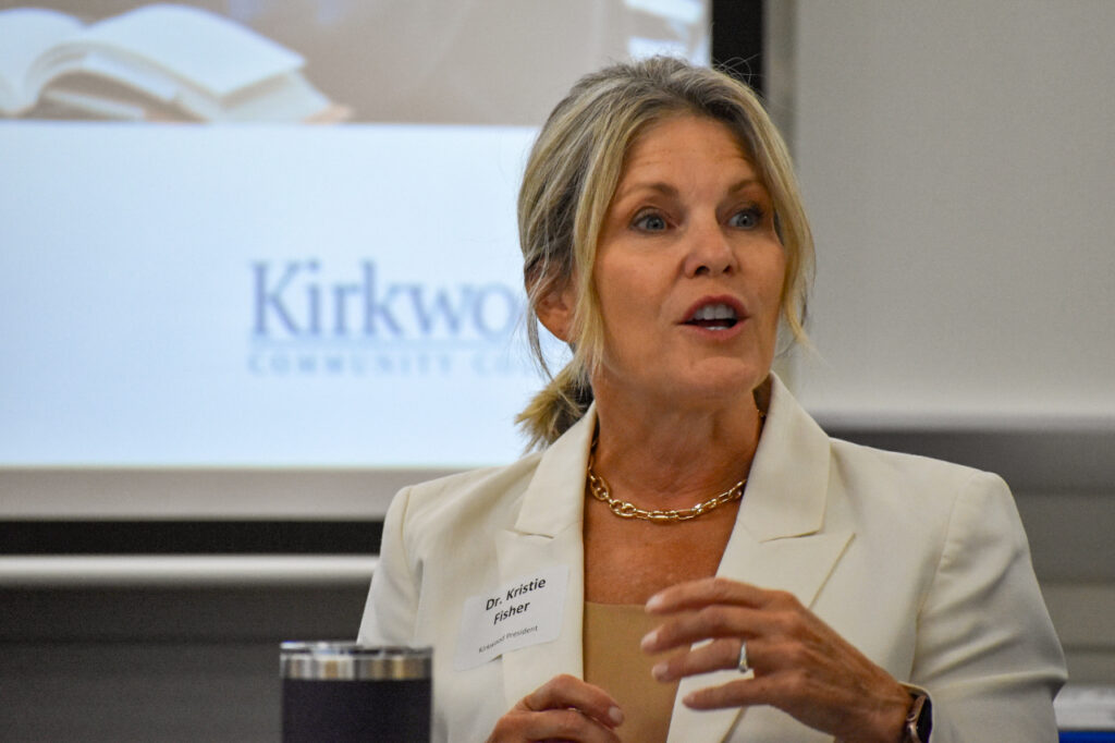 Kirkwood Community College President Kristie Fisher addresses attendees Sept. 4 at the inaugural Jones County Leadership Council meeting. CREDIT ANNIE SMITH BARKALOW