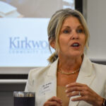 Kirkwood Community College President Kristie Fisher addresses attendees Sept. 4 at the inaugural Jones County Leadership Council meeting. CREDIT ANNIE SMITH BARKALOW
