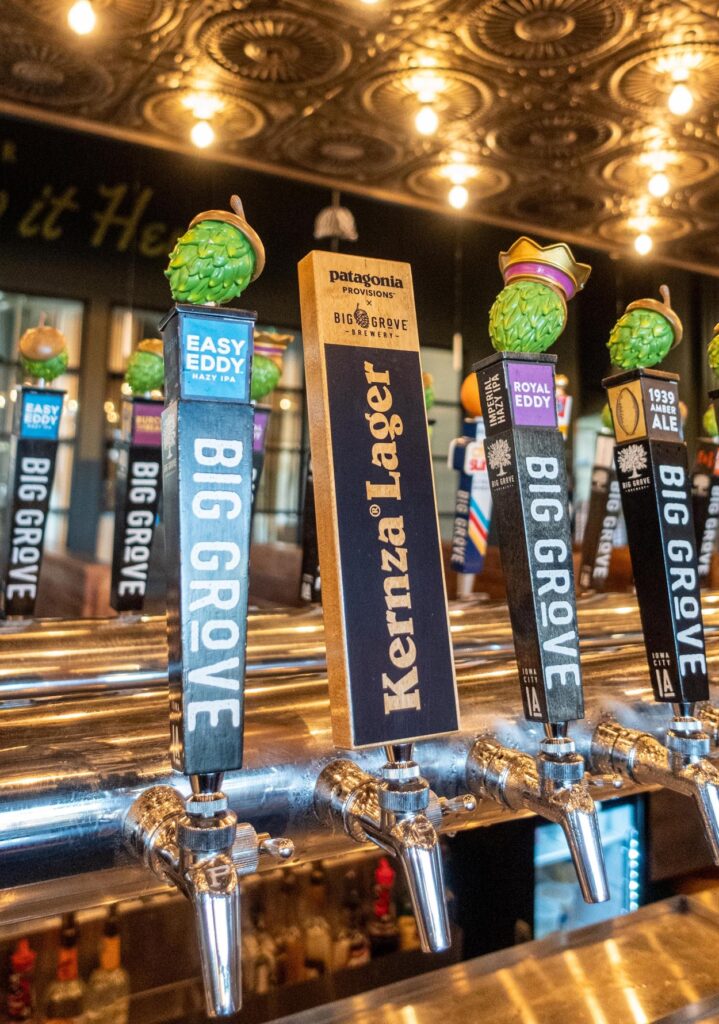 The Patagonia logo advertising Kernza Lager adorns a tap handle at Big Grove Brewery.