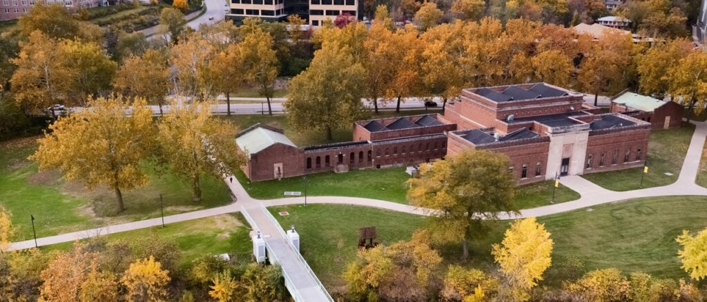 Aerial footage of Hubbard Park and the University of Iowa Art Building. The facility, empty since the 2008 flood, is set for a $37 million renovation.