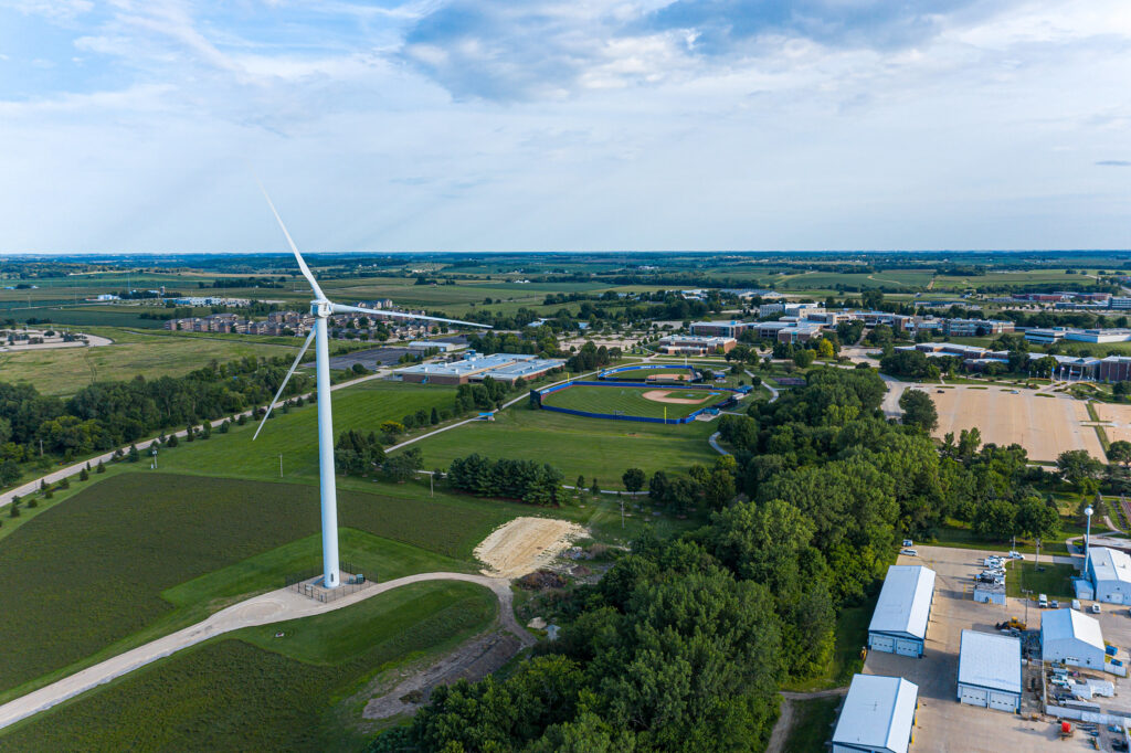 Aerial view of Kirkwood Community College's wind turbine. CREDIT KIRKWOOD CC