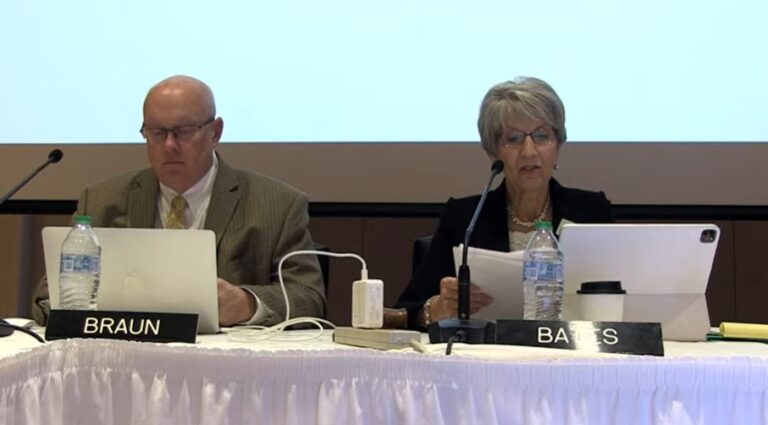 Regent executive director Mark Braun (left) and president Sherry Bates at the Boardb of regents meeting Nov. 7, held on the University of Northern Iowa campus.