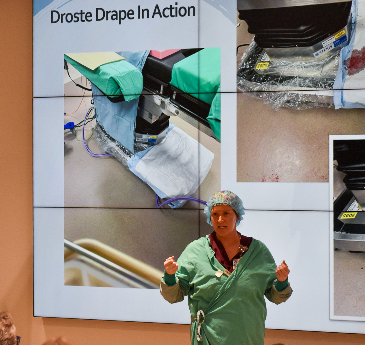 Operating Room nurse Jill Droste pitches her Droste Drape at the Nurse Innovators seminar and pitch competition Nov. 14 at the UI Health Care Medical Center. Her idea won first place and $20,000. CREDIT ANNIE SMITH BARKALOW