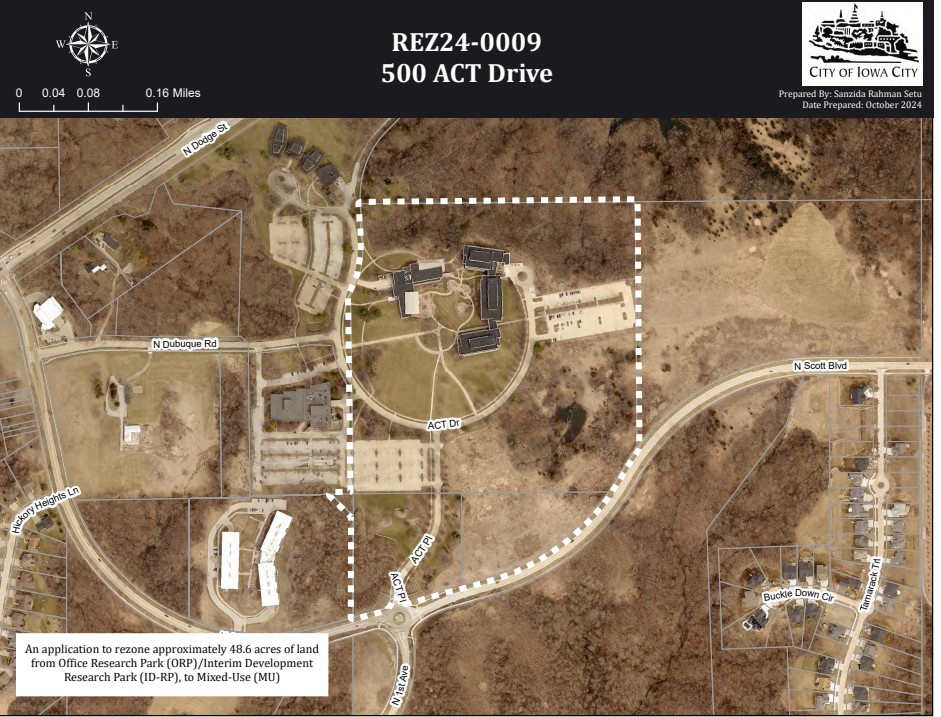 A map of the proposed rezoning area includes 49 acres north of Scott Boulevard and east of Dodge Street.