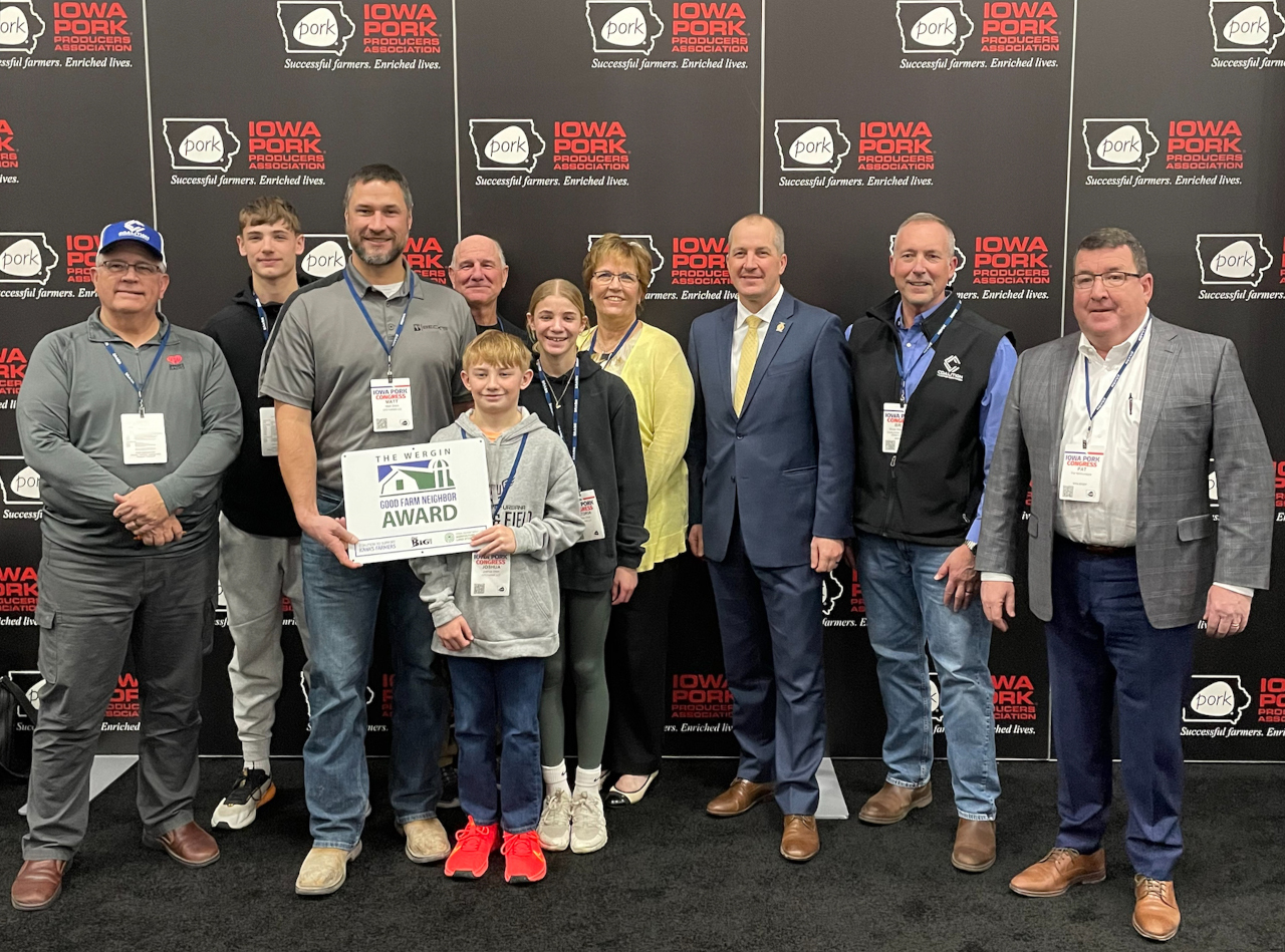 Ditch Family Good Farm Neighbor The Ditch Family of Center Point was honored with the Wergin Good Farm Neighbor at the 2025 Iowa Pork Congress in Des Moines. Front left to right: Bob Quinn (Host of The Big Show), Matt Ditch, Joshua Ditch, and Victoria Ditch. Back left to right: AJ Ditch, Ken Ditch, Becky Ditch, Iowa Secretary of Agriculture Mike Naig, Brian Waddingham (Executive Director of the Coalition to Support Iowa Farmers), and Pat McGonegle (Chief Executive Officer of the Iowa Pork Producers Association).