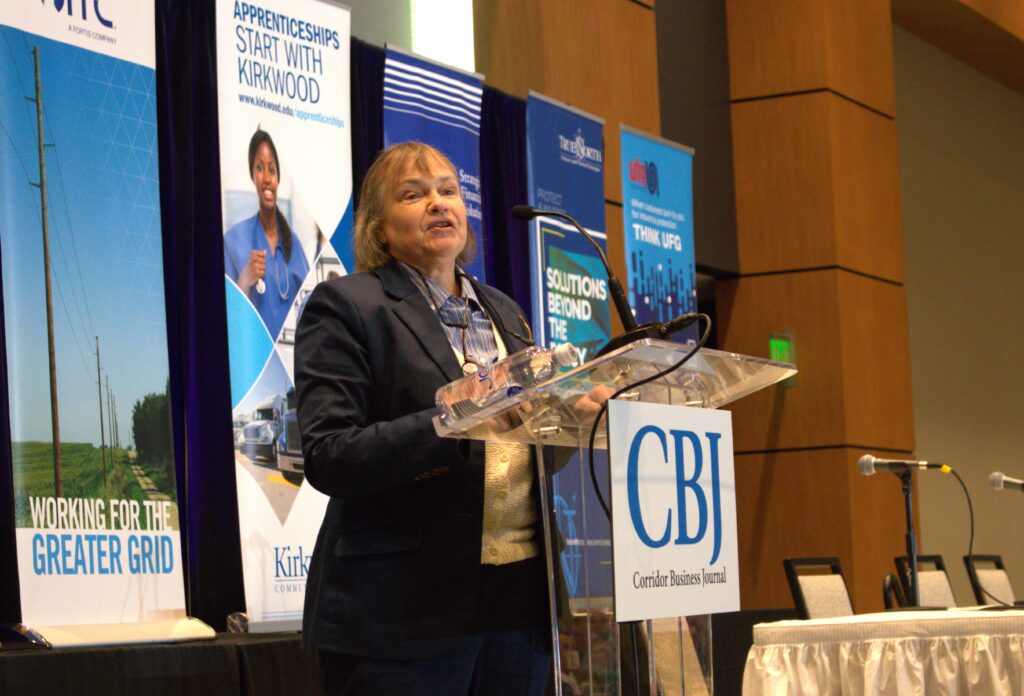 Anne Villamil delivers the keynote speech at the Corridor Business Journal's annual Economic Forecast Luncheon on Jan. 15 in Cedar Rapids. CREDIT PARKER JONES