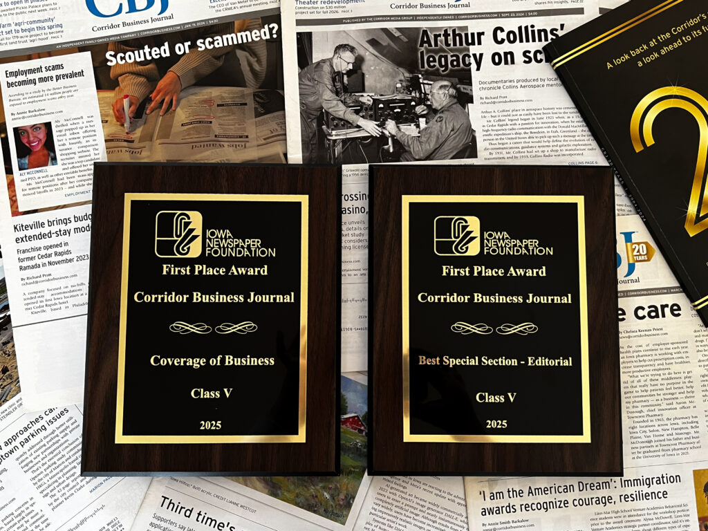 The Corridor Business Journal (CBJ) was honored with three awards at the statewide 2025 Iowa Newspaper Association (INA) Convention and Awards Ceremony on Feb. 6.