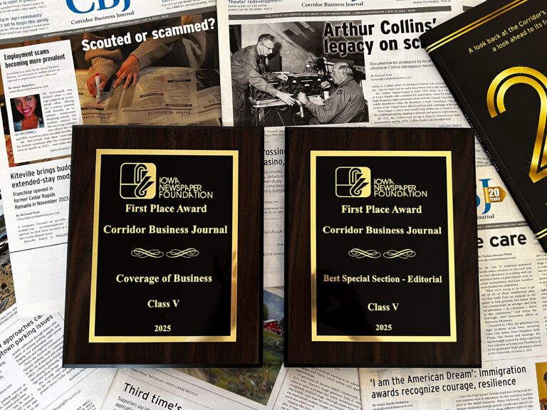 The Corridor Business Journal (CBJ) was honored with three awards at the statewide 2025 Iowa Newspaper Association (INA) Convention and Awards Ceremony on Feb. 6.