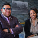 Downtown District executive director Caleb Knutson and program manager Jennifar Bassett are shown at the DoubleTree by Hilton Cedar Rapids Convention Complex in downtown Cedar Rapids. CREDIT RICHARD PRATT