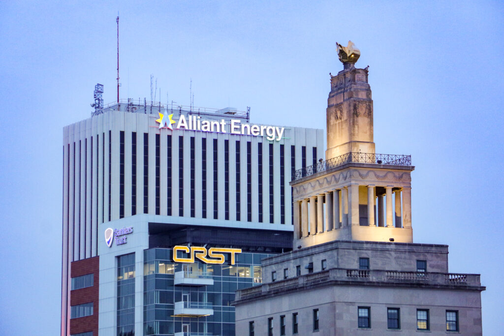 The Alliant Energy Tower, the CRST headquarters building and the Veterans Memorial Building
