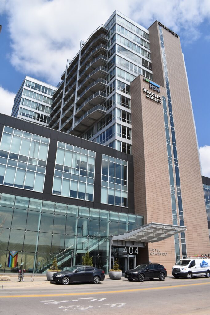 The Chauncey, at 404 E. College St., is Iowa City's tallest building at 15 stories. The high-rise is home to Hotel Chauncey, FilmScene, SpareMe! Bowl & Arcade, fix! Coffee and several office and residential units.