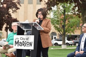 IEDA director Debi Durham praised Marion city leaders for their vision and creativity in transforming uptown Marion.