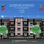 A rendering of Goosetown Apartments, two multifamily residential complexes housing 42 units each proposed for 911 Governor St. in Iowa City.