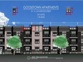 A rendering of Goosetown Apartments, two multifamily residential complexes housing 42 units each proposed for 911 Governor St. in Iowa City.