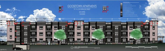 Goosetown apartments A rendering of Goosetown Apartments, two multifamily residential complexes housing 42 units each proposed for 911 Governor St. in Iowa City.