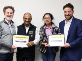 Winners of the UI John Pappajohn Entrepreneurial Center's Innovation Challenge. (Second from left) S5G Therapeutics, and (second from right) Cellular Engineering Technologies.