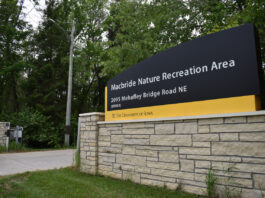 A sign marks the entrance to Macbride Recreation Nature Area, located in the Solon area.