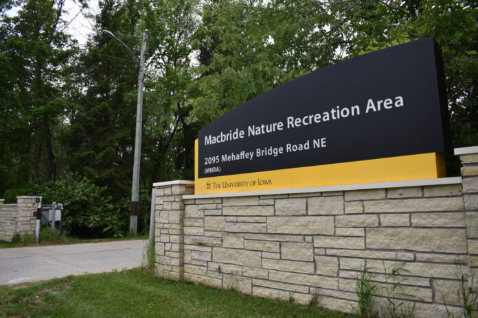 Macbride sign A sign marks the entrance to Macbride Recreation Nature Area, located in the Solon area.
