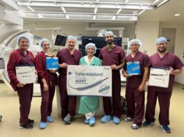 UI Health Care interventional cardiology team after performing the first drug-coated balloon therapy procedure in Iowa.