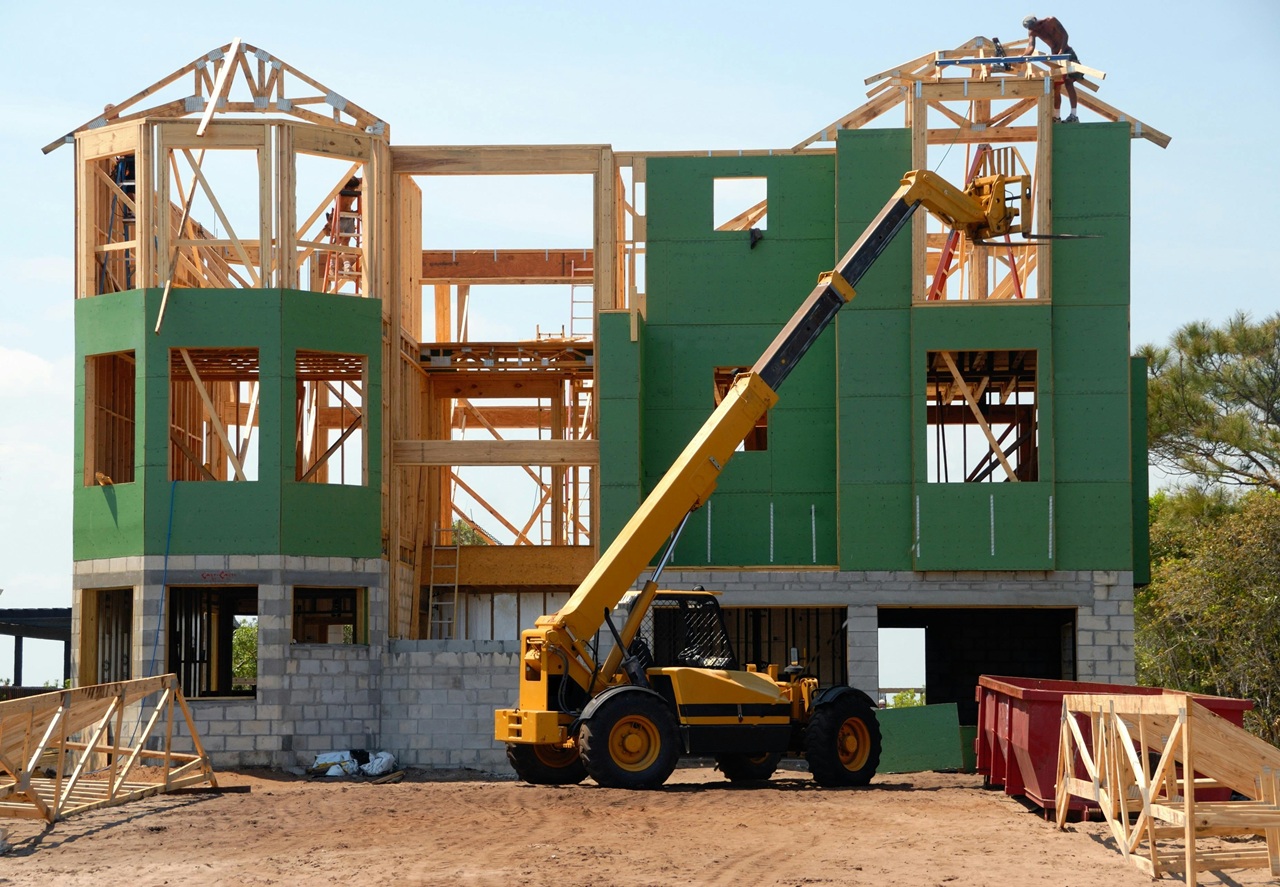 The exterior of a house under construction.