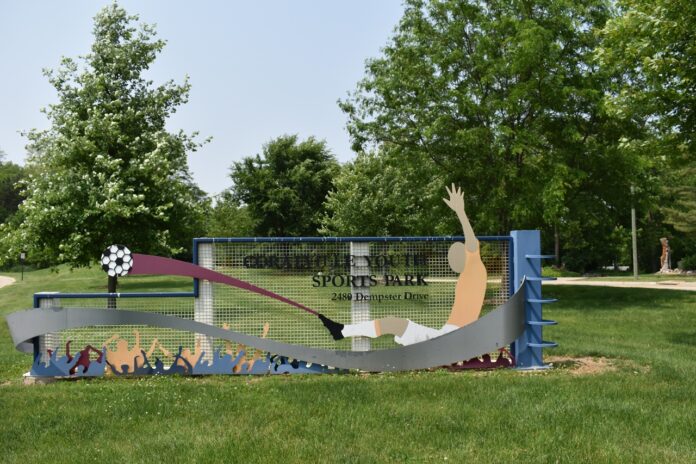 Sign at the entrance to Coralville's Youth Sports Park, 2480 Dempster Drive.