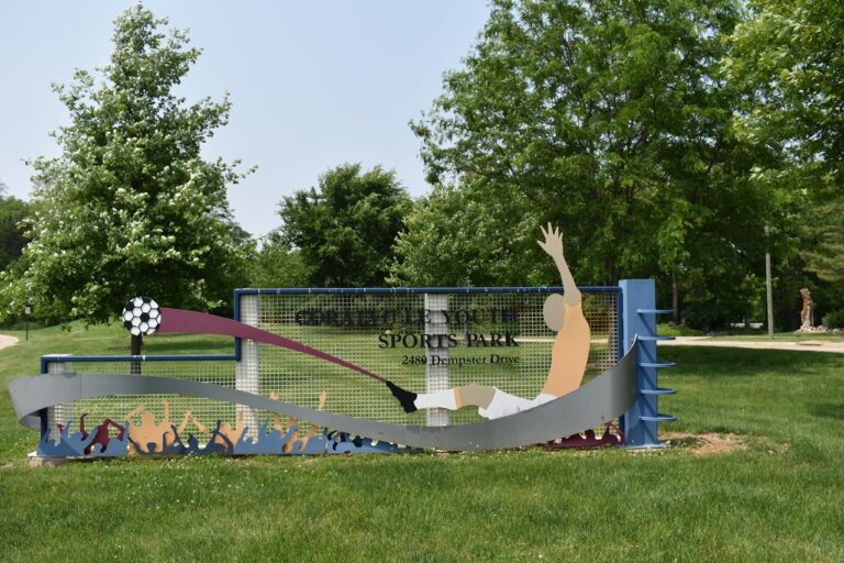 Sign at the entrance to Coralville's Youth Sports Park, 2480 Dempster Drive.