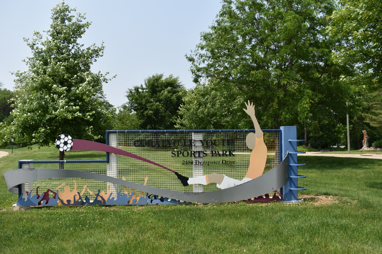 Sign at the entrance to Coralville's Youth Sports Park, 2480 Dempster Drive.