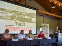 Farmers for Free Trade held a Tariff Town Hall at Cedar Ridge Distillery Tuesday, June 17. (From left) Panelists Jeff Quint, CEO of Cedar Ridge Distillery; Richard Dix, vice president of supply chain management with Kinze Manufacturing; Matthew Willimack, board director with Iowa Soybean Association; Chad Hart, economist with Iowa State University; and moderator John Lohman, CEO of the Corridor Business Journal.