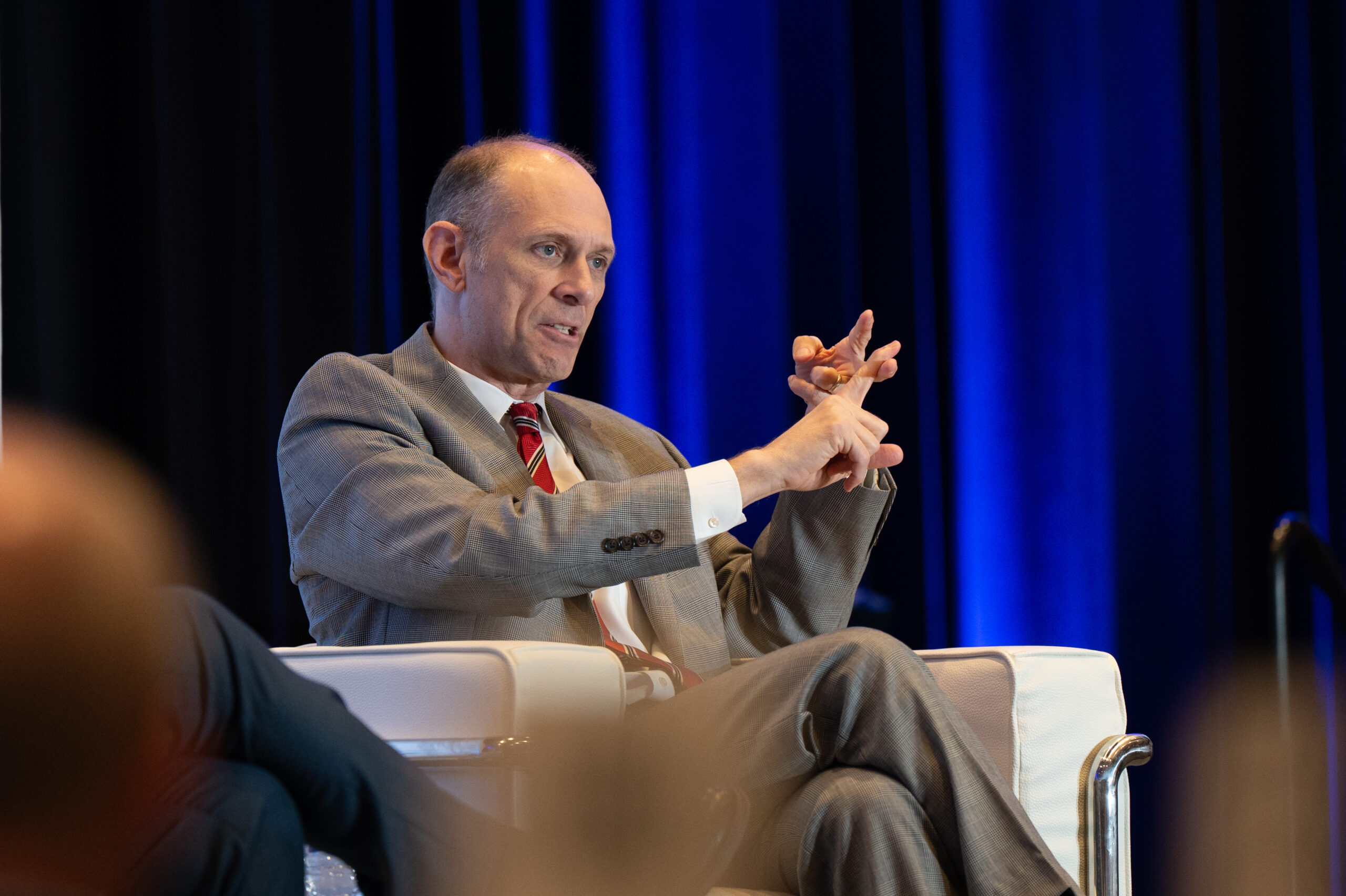 EconReview_15 Chicago Fed President and CEO Austan Goolsbee makes a point at the Monday, June 2 QCBJ Mid-Year Economic Review at Rhythm City Casino Resort. CREDIT TODD WELVAERT