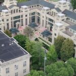 An aerial view of University of Iowa's Tippie College of Business Pappajohn Business Building.
