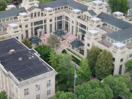 An aerial view of University of Iowa's Tippie College of Business Pappajohn Business Building.