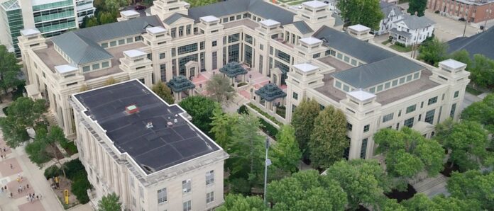 Guerra PBB-GILH An aerial view of University of Iowa's Tippie College of Business Pappajohn Business Building.