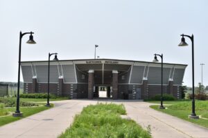 The Kattchee Pavilion leading to the ball diamonds at Coralville's Youth Sports Park, 2480 Dempster Drive.